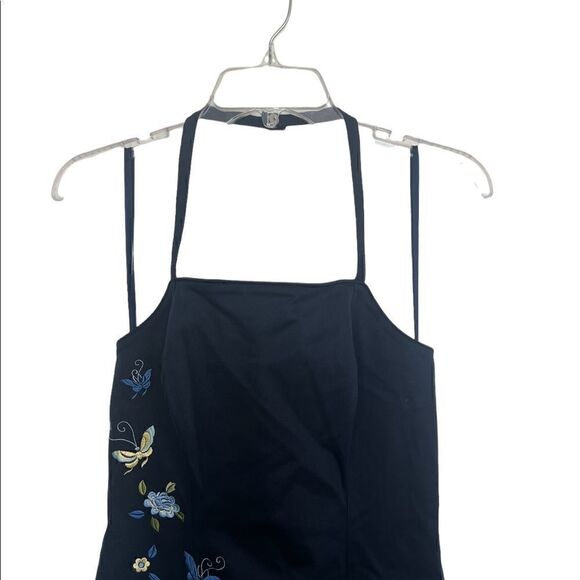 Express World Brand Navy Vintage 90s Y2K Floral Embroidered Halter Mini Dress - Picture 3 of 8